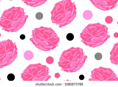Vectot seanless floral pattern. Pink roses and  circles on a white background