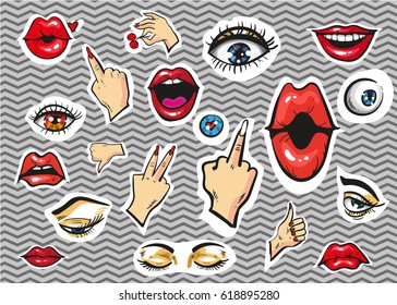 Vectpr fashion stickers eyes, lips and hands