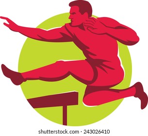 vectpr illustration of a track and field athlete jumping hurdles viewed from side done in retro style.