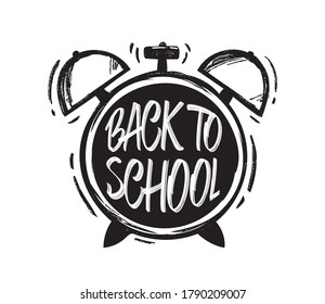 Vectro illustration: Hand drawn brush type lettering of Back to School on alarm clock background