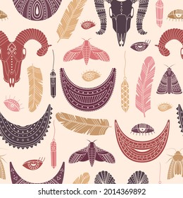 Vectro seamless pattern with boho illustrations. Bohemian background in the simple style.
