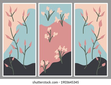 Vectro set of tulips and flower arrangement with Japanese nuance and color scheme and flat style 