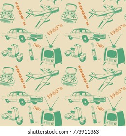 vectro vintage 3 color pattern car scooter tv plane 1960 style seamless wall paper