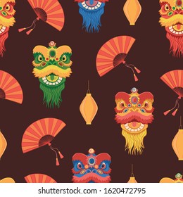 Vectron colored seamless pattern with chinese dragons and fans