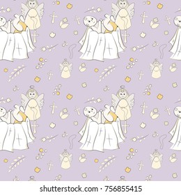 Vectron seamless pattern of elements drawn manually in the style of doodle. Christening, infant, religion, church. Used for wallpapers, backgrounds, wrapping paper.