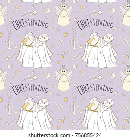 Vectron seamless pattern of elements drawn manually in the style of doodle. Christening, infant, religion, church. Used for wallpapers, backgrounds, wrapping paper.