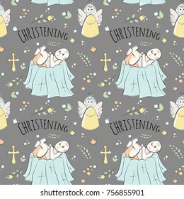 Vectron seamless pattern of elements drawn manually in the style of doodle. Christening, infant, religion, church. Used for wallpapers, backgrounds, wrapping paper.