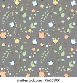 Vectron seamless pattern of elements drawn manually in the style of doodle. Beads, flowers, leaves, beauty. Used for wallpapers, backgrounds, wrapping paper.