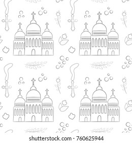Vectron seamless pattern of elements drawn manually in the style of doodle. Christening, infant, religion, church. Used for wallpapers, backgrounds, wrapping paper.