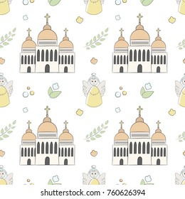 Vectron seamless pattern of elements drawn manually in the style of doodle. Christening, infant, religion, church. Used for wallpapers, backgrounds, wrapping paper.