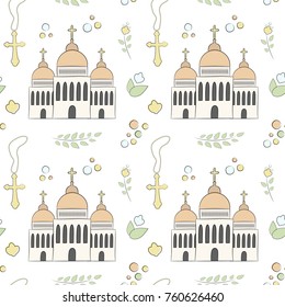 Vectron seamless pattern of elements drawn manually in the style of doodle. Christening, infant, religion, church. Used for wallpapers, backgrounds, wrapping paper.