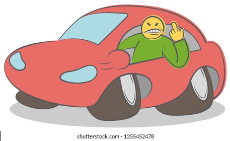 Vectror sassy guy behind the wheel of a car stuck his hand out of the window and shows: " Fuck you!". Funny doodle angry driver man. Disdainful and boorish attitude on the road concept.