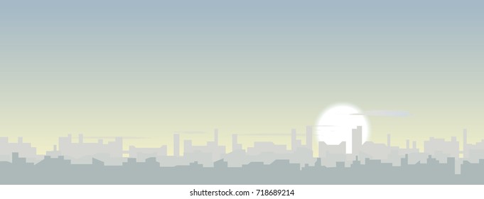 vectror skyline illustration. cloudy sky and  rising sun over city silhouette