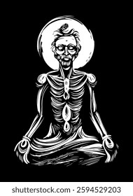 Vecttor illustration depicts an emaciated, meditative figure with a skeletal frame, seated in a cross-legged position, exuding an aura of spiritual transcendence. 