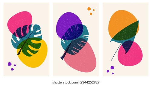 Vecttor set of vertical poster with palm leaves and abstract geometric shapes.Vertical colorgul backgrounds in tredy risograph print style. Vector illustration