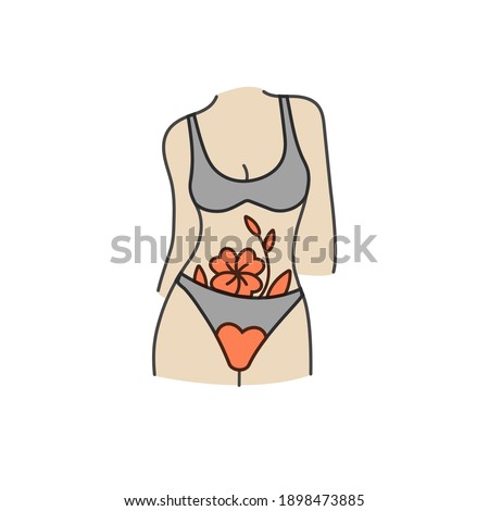 VecVector linear illustration female body in lingerie. Flowers in panties silhouette. Period. Feminine hygiene concept