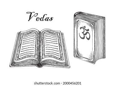 Vedas, Hinduism religion Holy Book. Ancient Hindu sacred texts, holy scriptures, vector vintage sketch style illustration isolated on white background.