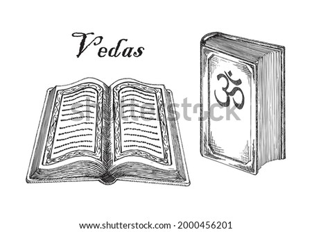 Vedas, Hinduism religion Holy Book. Ancient Hindu sacred texts, holy scriptures, vector vintage sketch style illustration isolated on white background. Stock photo © 