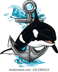 vedctor illustration of Killer Whale mascot and Anchor icon.