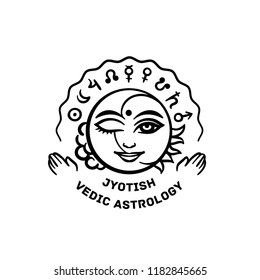 Vedic Astrology Jyotish logo. Signs, graha, surya, chandra, guru, mangal, shukra, rahu, ketu, shani, buddhi.