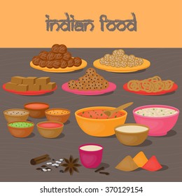 Vedic Indian cuisine, set of vegetarian healthy food, traditional meal of India vector