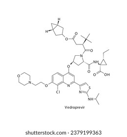 Vedroprevir flat skeletal molecular structure Protease inhibitor antivral, NS3 4A drug used in Hepatitis C treatment. Vector illustration scientific diagram.