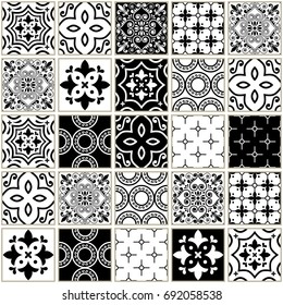 Veector navy blue tiles pattern, Azulejos - Portuguese seamless tile design, monochrome ceramics set
