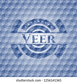 Veer blue badge with geometric pattern background.