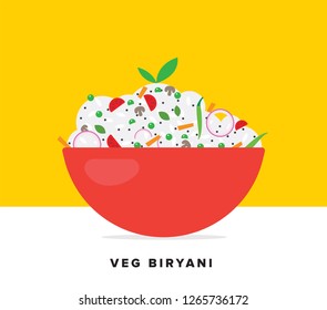 Veg Biryani Vector Illustration. Traditional Mughlai Indian Cuisine.