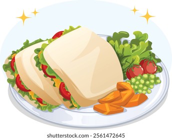 Veg Cheese Sandwiches Served with Lettuce, Cherry Tomatoes, Peas and Carrots. Anime Food Vector Art  