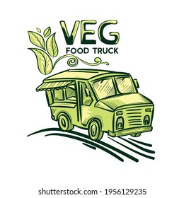 Veg food truck van - drawn color pictogram sign