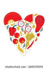 Veg heart. Organic farm illustration. Healthy lifestyle vector design elements. Healthy colorful vegetables. Flat design. All elements are isolated.  Fresh cooking ingredients.