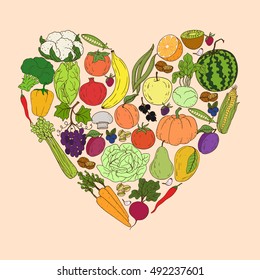 Veg heart. Organic farm illustration. Healthy lifestyle vector design elements. Healthy hand-drawing colorful vegetables , fruits, berries, nuts, mushrooms