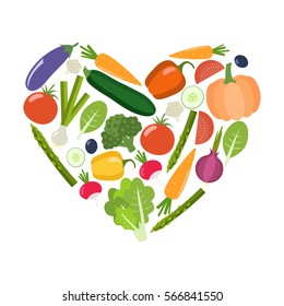 Veg heart. Organic farm illustration. Healthy lifestyle vector design elements. Healthy colorful vegetables. Flat design.