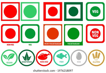 Veg, Non-Veg, Chicken, Fish, Egg And Gluten Icon Symbol Vector