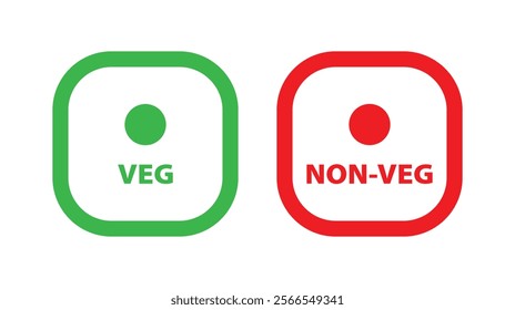 Veg and non-veg food dots icon set in green and red color. Vegetarian and non-vegetarian symbols. Green dot and red dot in squares. Vegan and non-vegan food labels. Vector illustration.