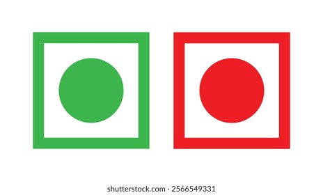 Veg and non-veg food icon dots for vegetarian and non-vegetarian products in green and red color. Vegan and non-vegan food labels. Vector illustration.