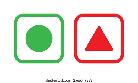 Veg and non-veg food icon dots. Vegetarian and non-vegetarian symbols. Green dot and red triangle in rounded squares. Vegan and non vegan food labels. Vector illustration.