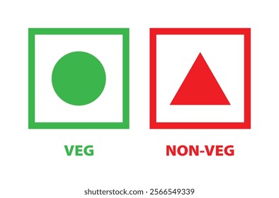 Veg and non-veg food icon dots. Vegetarian and non-vegetarian symbols. Green dot and red triangle in squares. Vegan and non-vegan food labels. Vector illustration.