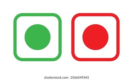 Veg and non-veg food icon dots. Vegetarian and non-vegetarian symbols. Green dot and red dot in squares. Vegan and non-vegan food labels. Vector illustration.