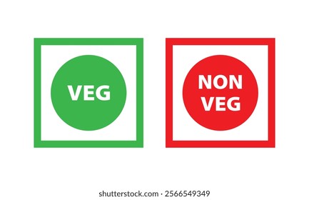 Veg and non-veg food icon dots in green and red color. Vegetarian and non-vegetarian symbols. Green dot and red dot in squares. Vegan and non-vegan food labels. Vector illustration.