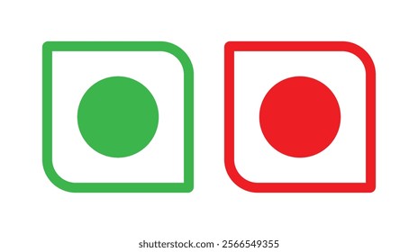 Veg and non-veg food icon dots set for vegetarian and non-vegetarian products in green and red color. Green dot and red dot in squares. Vegan and non-vegan food labels. Vector illustration.