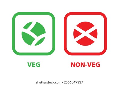 Veg and non-veg food icon in green and red color unique style. Vegetarian and non-vegetarian symbols. Green dot and red dot in squares. Vegan and non-vegan food labels. Vector illustration.