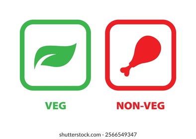 Veg and non-veg food icon. Leaf and meat symbol in square. Vegetarian and non-vegetarian symbols. Green dot and red dot in squares. Vegan and non-vegan food labels. Vector illustration.