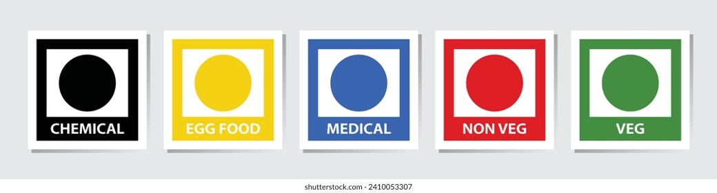 Vena Indicaciones alimentarias no vegetales fijadas con indicación química pura, de huevo, médica, vegetal y no vegetal en diferentes colores. Iconos del punto Veg Non-Veg. Símbolo venoso colorido y no veg. Icono de vector