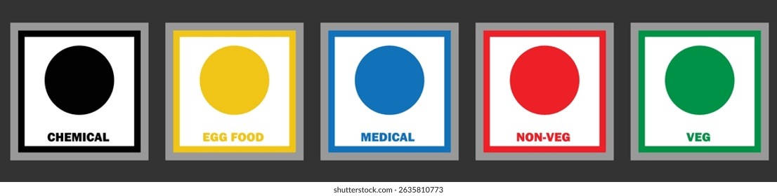 Veg Non-veg food indication dots set pure chemical, egg food, medical. Veg and Non-veg indication in different colours. veg Non-veg dot icons, Colourful veg and Non-veg symbol. vector icon.