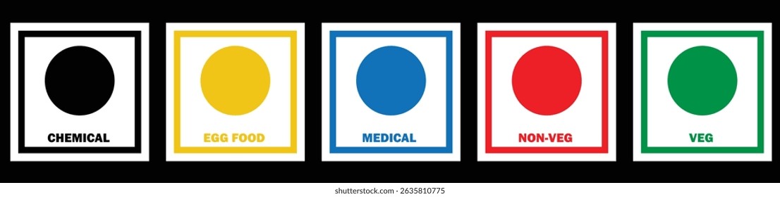 Veg Non-veg food indication dots set pure chemical, egg food, medical. Veg and Non-veg indication in different colours. veg Non-veg dot icons, Colourful veg and Non-veg symbol. vector icon.