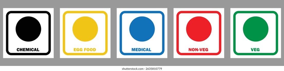 Veg Não-veg alimentos indicação pontos definir o produto químico puro, alimento do ovo, médico. Indicação de Veg e Não-veg em cores diferentes. ícones de pontos não-veg veg, símbolos coloridos veg e Não-veg. ícone vetorial.