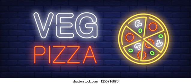 Veg pizza neon sign. Glowing inscription with six pizza slices on brick wall background. Vector illustration can be used for pizza, cafe, fast food