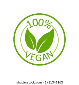 Vegan 100%, gran diseño para cualquier propósito. Grabado verde.Producto ecológico. Etiqueta del vector. Nutrición sana. Comida vegetariana saludable.